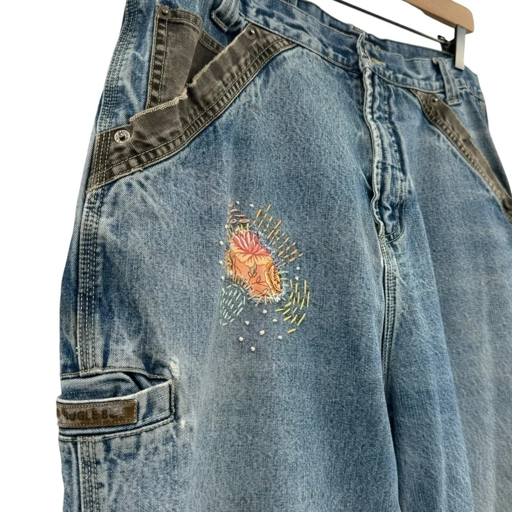 Vintage Bugle Boy Jeans Baggy Loose Fit Distressed Patched Blue Black Denim | 34